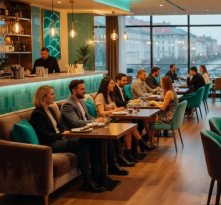 Modern budapesti étterem fiatal vendégekkel és hangulatos esti fényekkel a Klub Programok 24-ben.