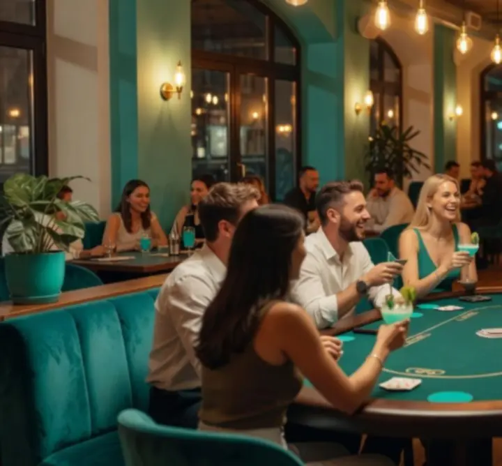 Fiatalok modern éttermi térben, elegáns pókerasztallal és barátságos, türkiz hangulattal