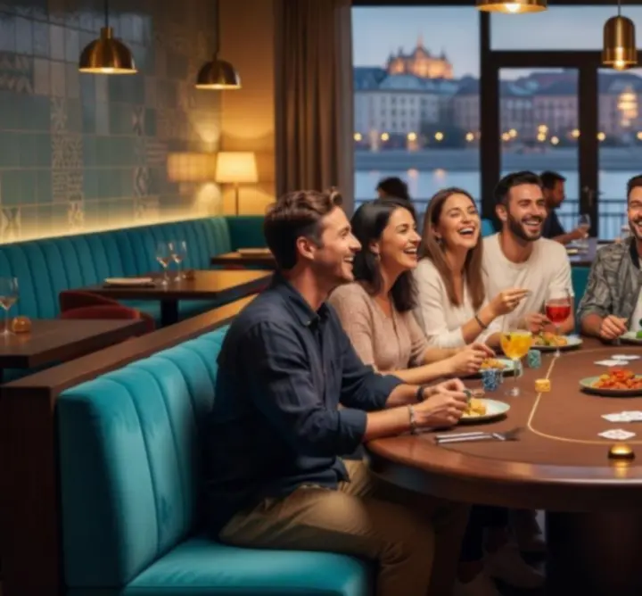 Modern étterem belső tere elegáns pókerasztallal és fiatal vendégekkel