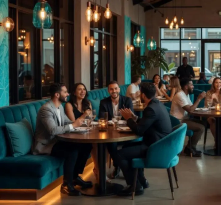 Fiatalok egy modern étterem közösségi terében, háttérben elegáns pókerasztallal.