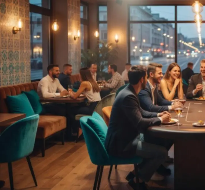 Fiatalok egy modern étteremben, elegáns pókerasztal mellett, barátságos esti hangulatban.