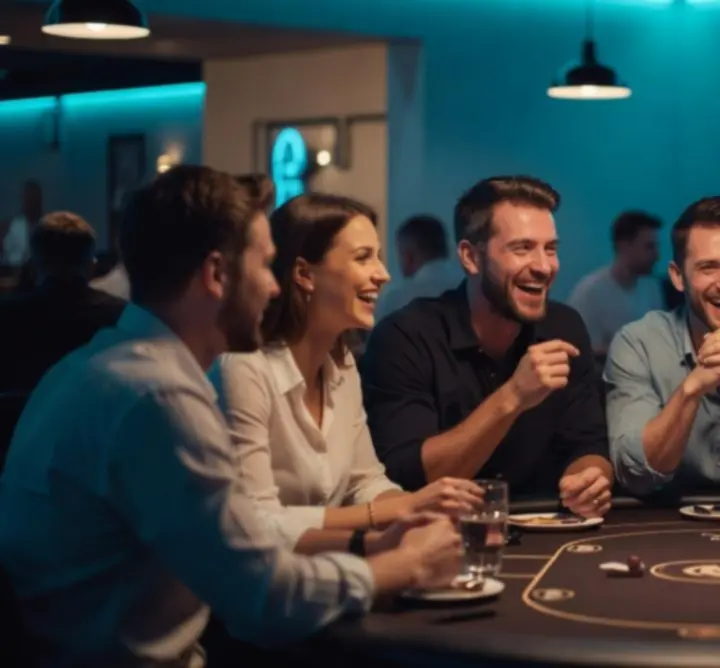 Baráti társaság egy elegáns pókerasztalnál, jó hangulatban